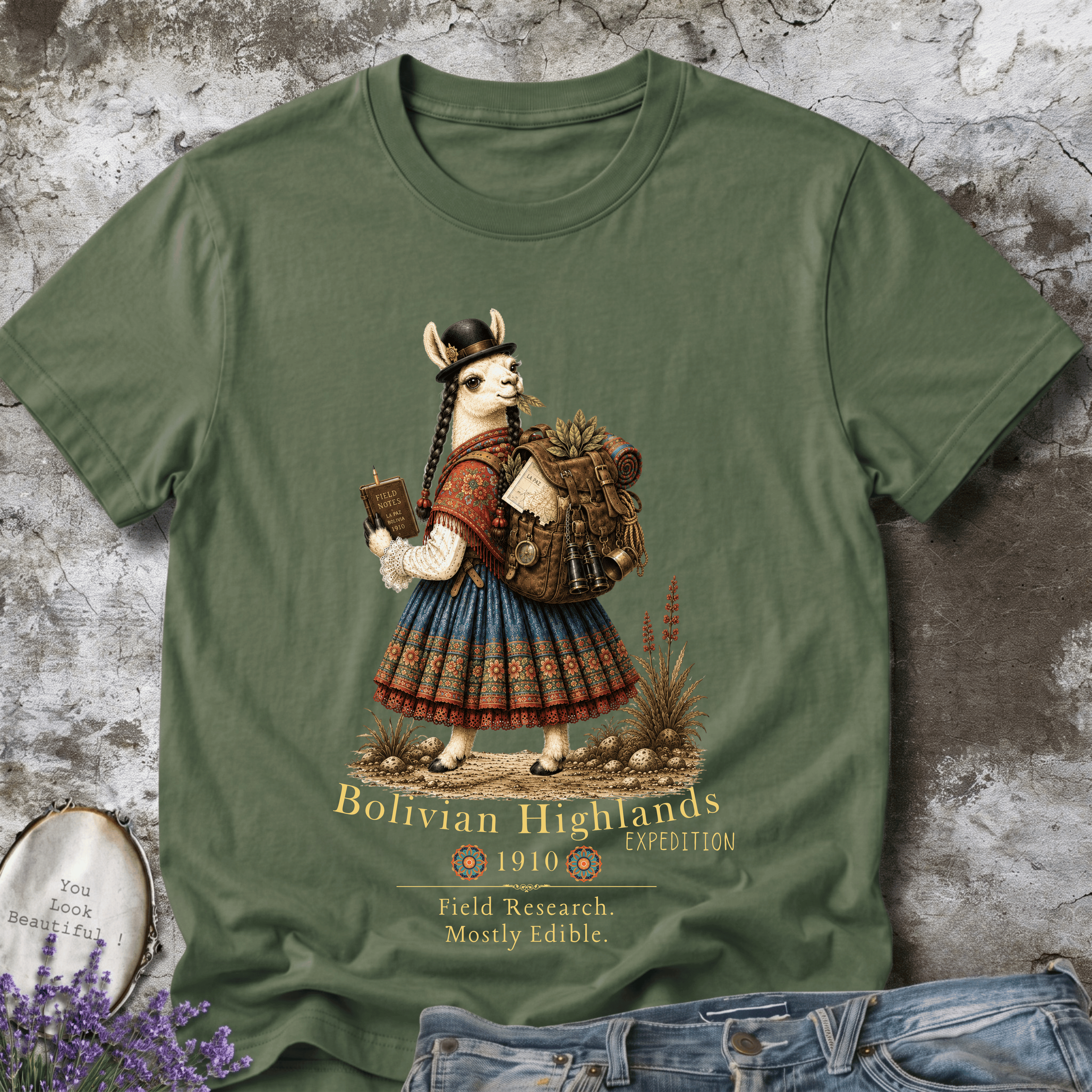 Bolivian Highlands Explorer Llama – Vintage Adventure Graphic Tee