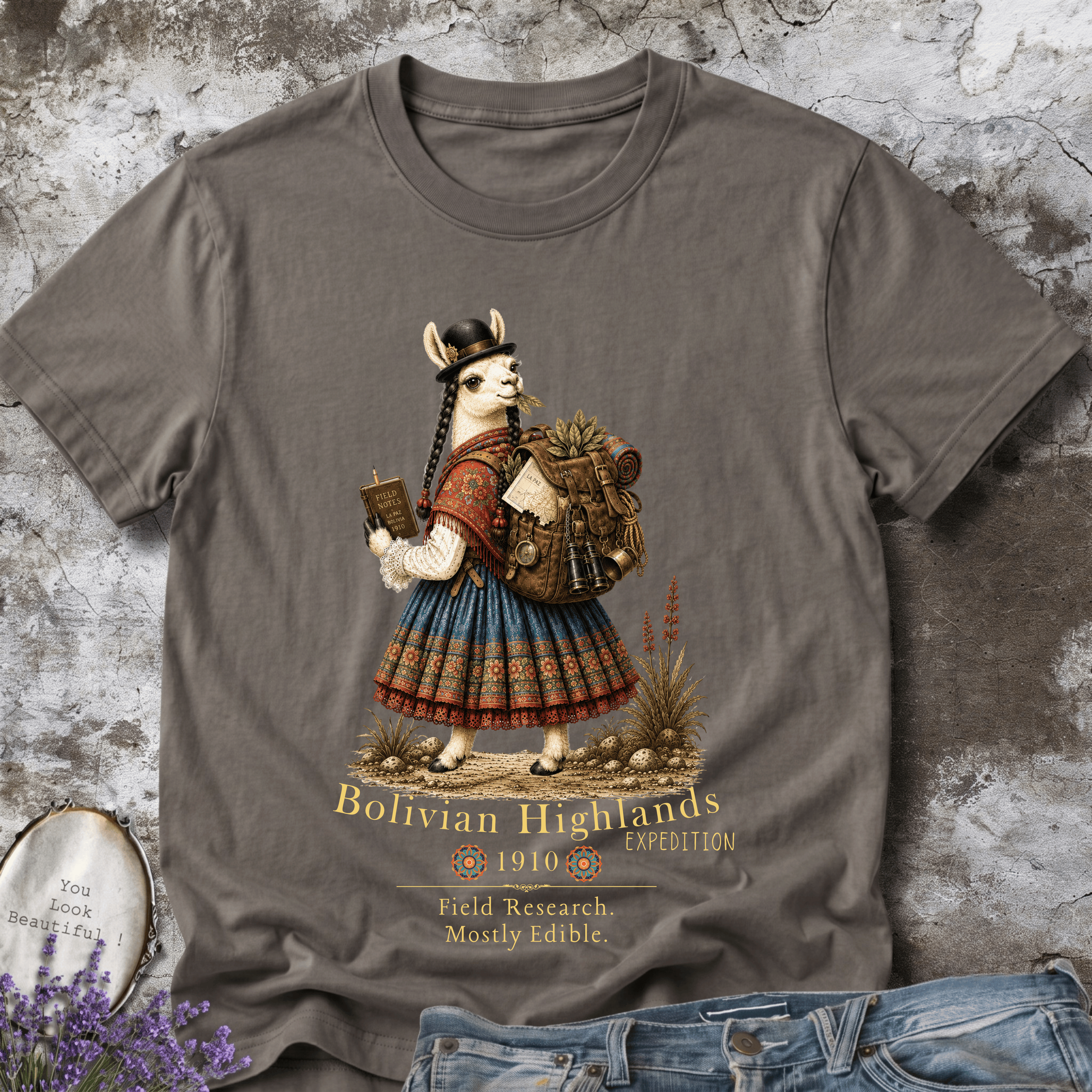 Bolivian Highlands Explorer Llama – Vintage Adventure Graphic Tee
